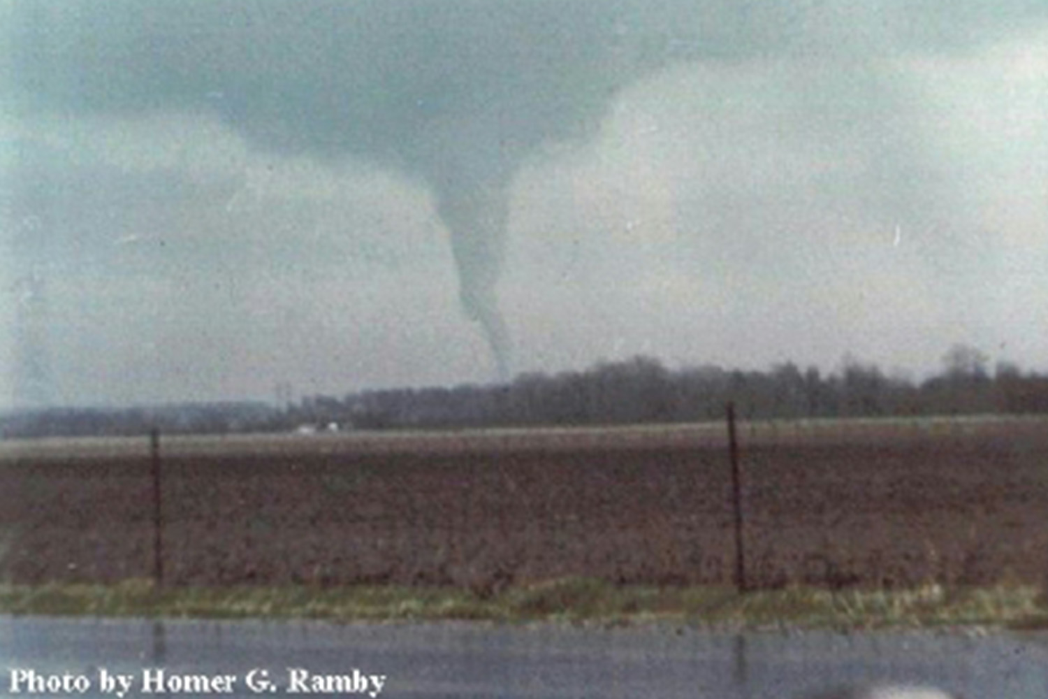 The tornado after its vorticies converged. Photo taken by Homer G. Ramby.